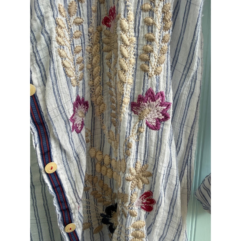 Johnny Was 3J Workshop Blue Striped Floral Embroidered Shirt XS Boho Whimsical - Picture 7 of 10